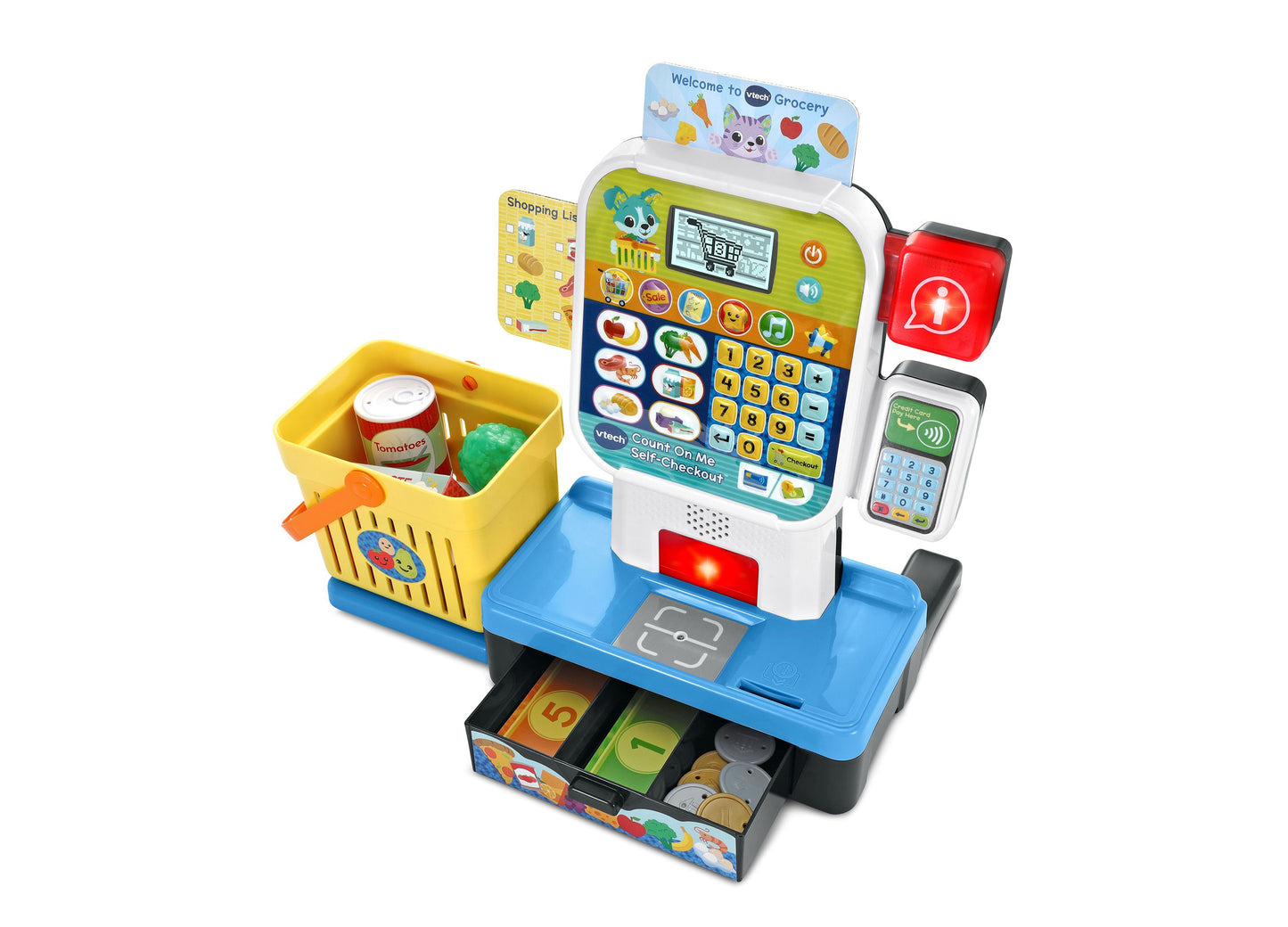 VTech Count On Me Self-Checkout Pretend Play Set with yellow shopping basket, interactive screen, and payment terminals