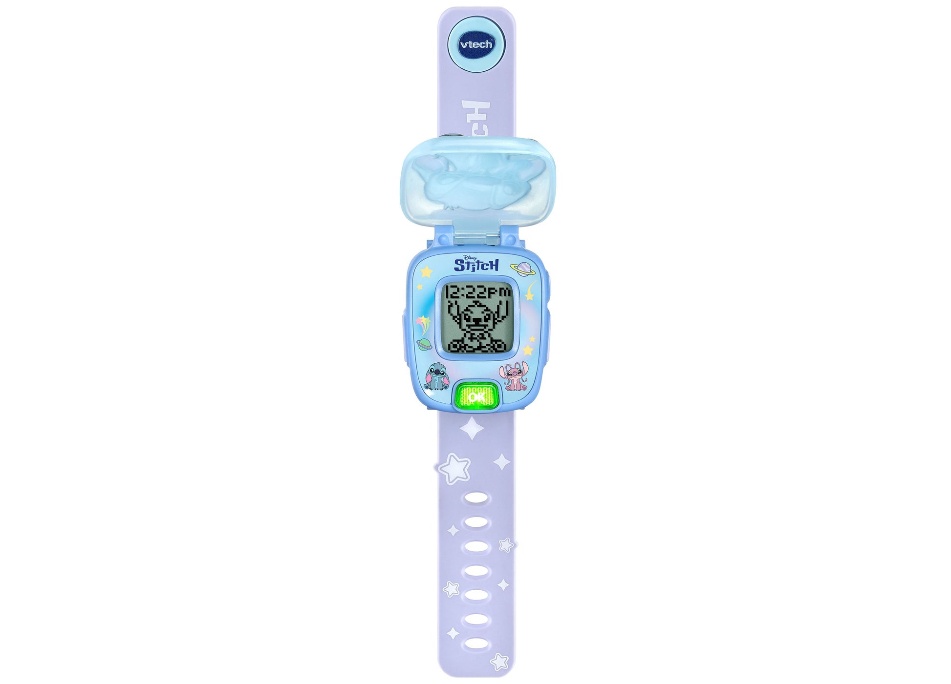 VTech Stitch Learning Wrist Watch in purple and blue with digital screen display