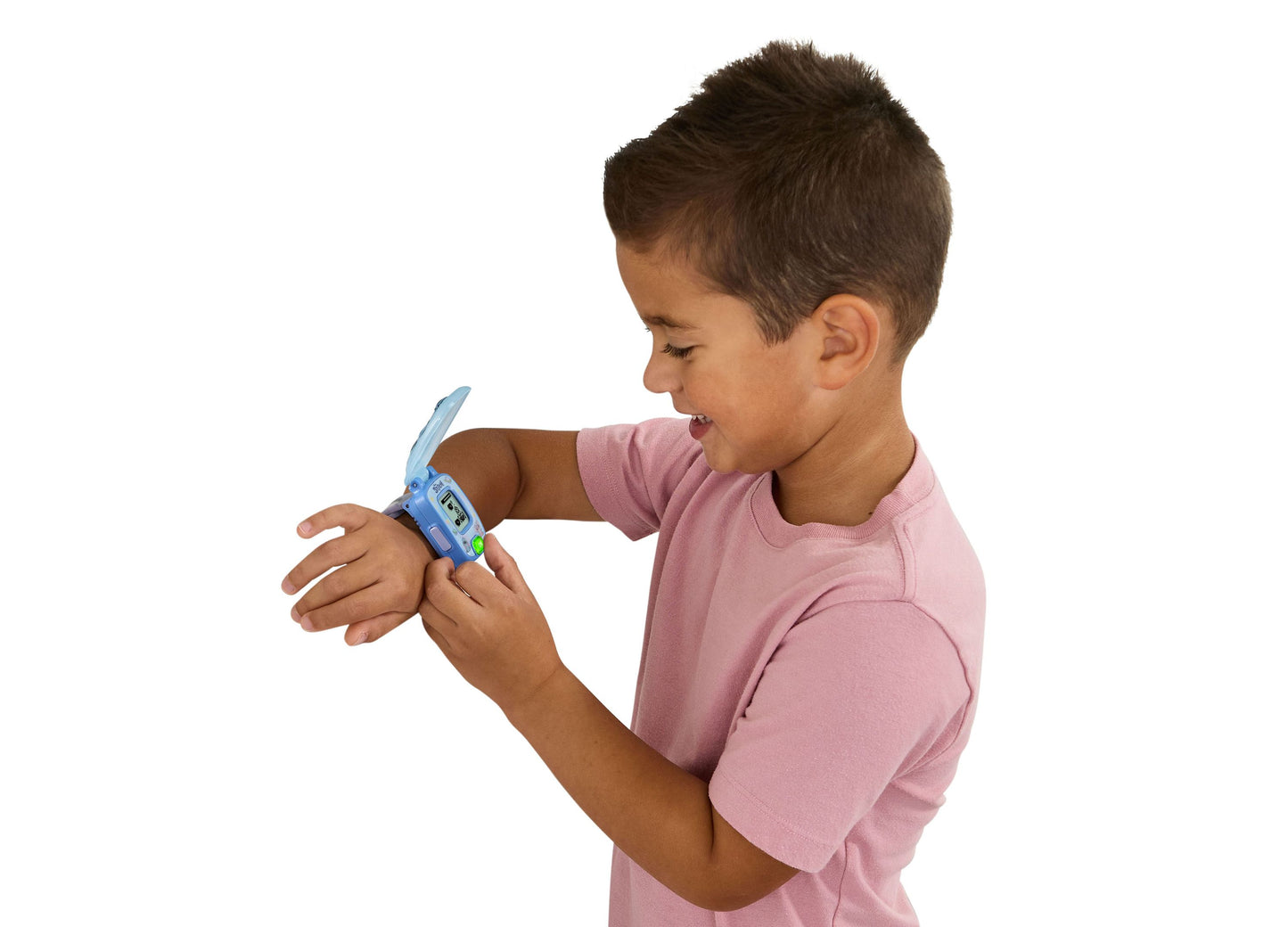 Boy wearing blue VTech Stitch Learning Wrist Watch with interactive screen