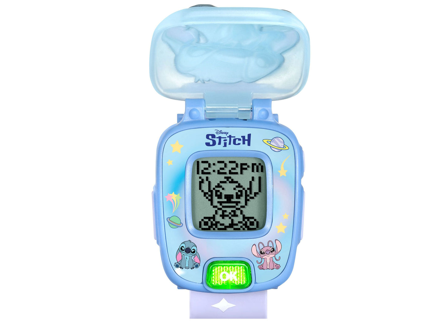 VTech Stitch Learning Wrist Watch in blue with digital display showing time and Stitch character