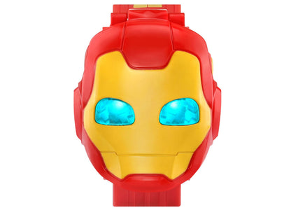 VTech Iron Man Learning Watch with red and yellow helmet design and blue light-up eyes