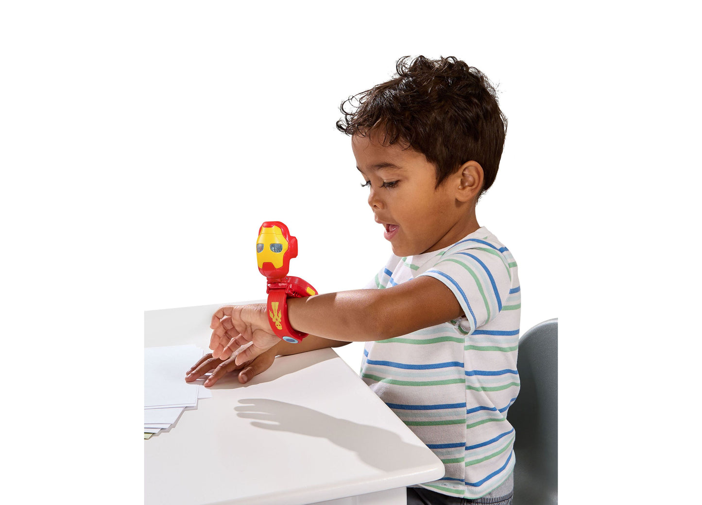 VTech Iron Man Learning Watch in red and yellow worn on child's wrist