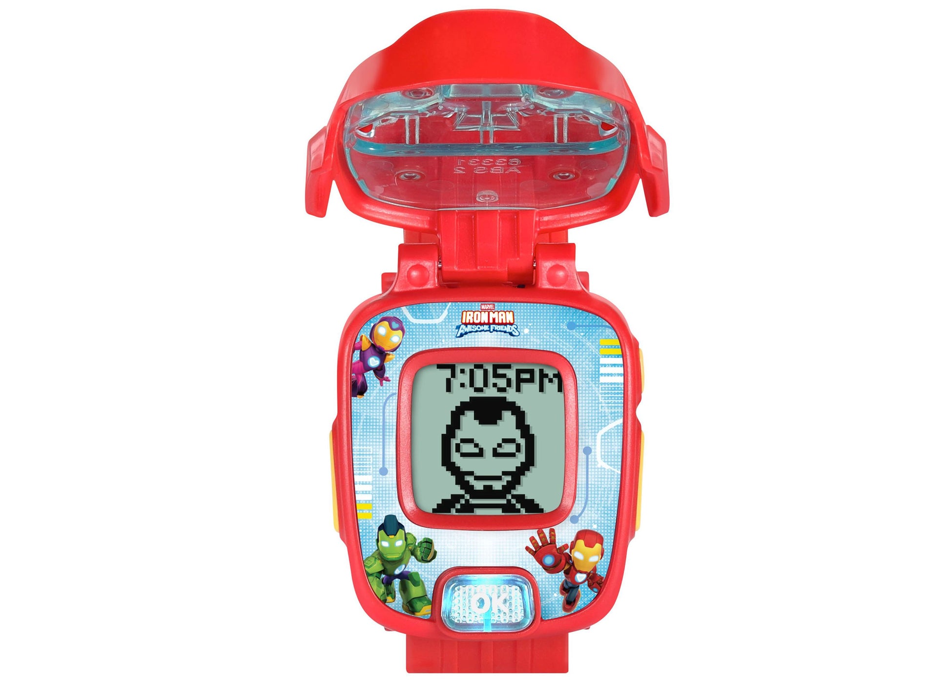 VTech Iron Man Learning Watch in red with blue display screen showing time and character