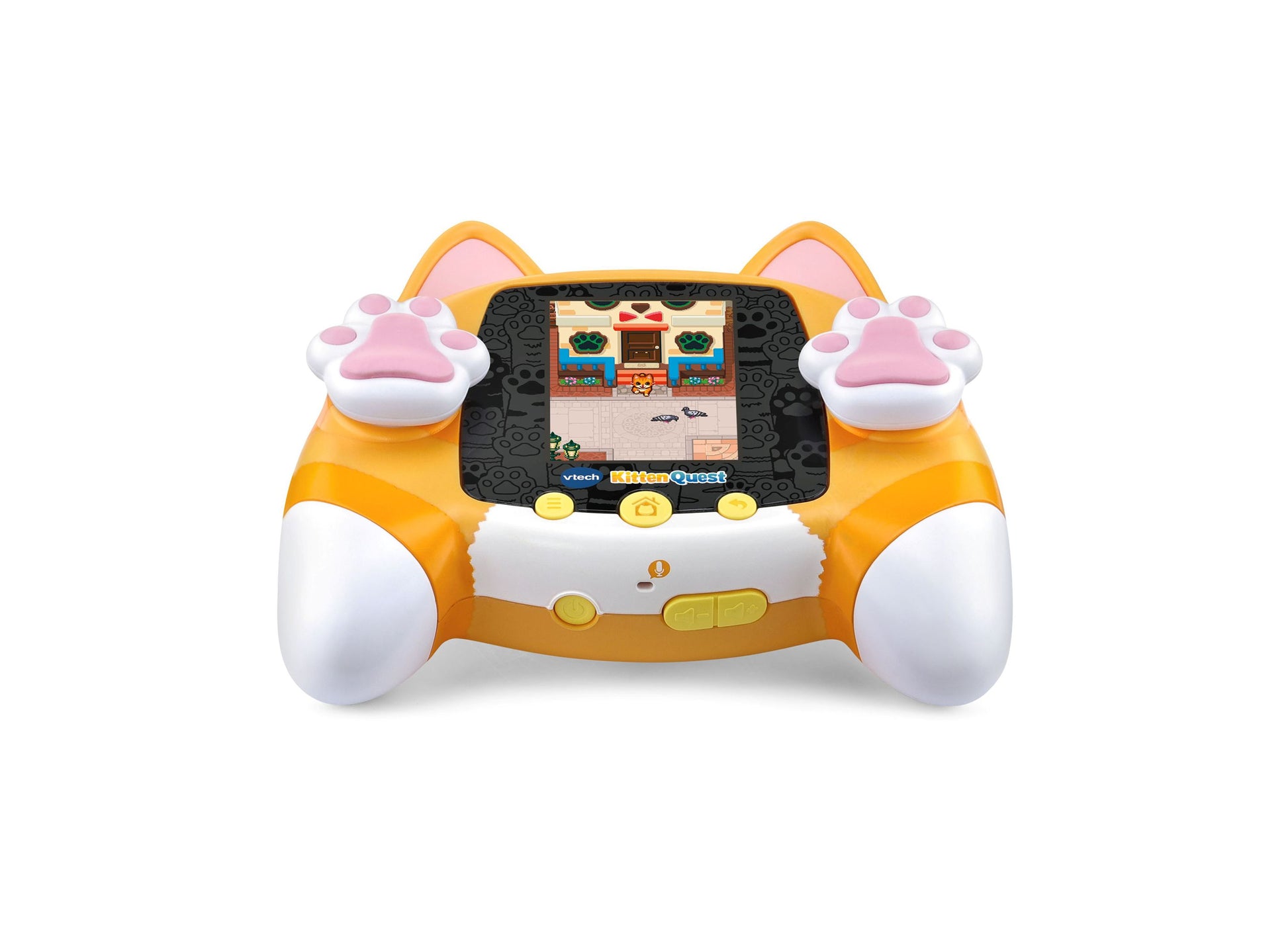 VTech Kitten Quest orange and white virtual pet handheld game with paw-shaped controllers