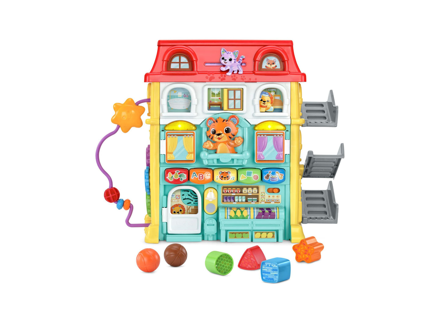VTech Up & Down Activity Town colorful interactive learning center with shapes, balls, and tiger toy