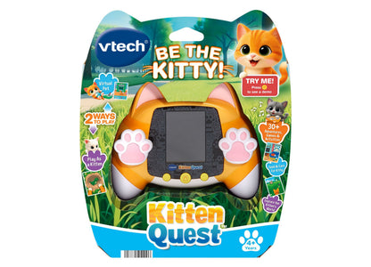 VTech Kitten Quest orange virtual pet handheld game with cat ears and paw buttons for ages 4+