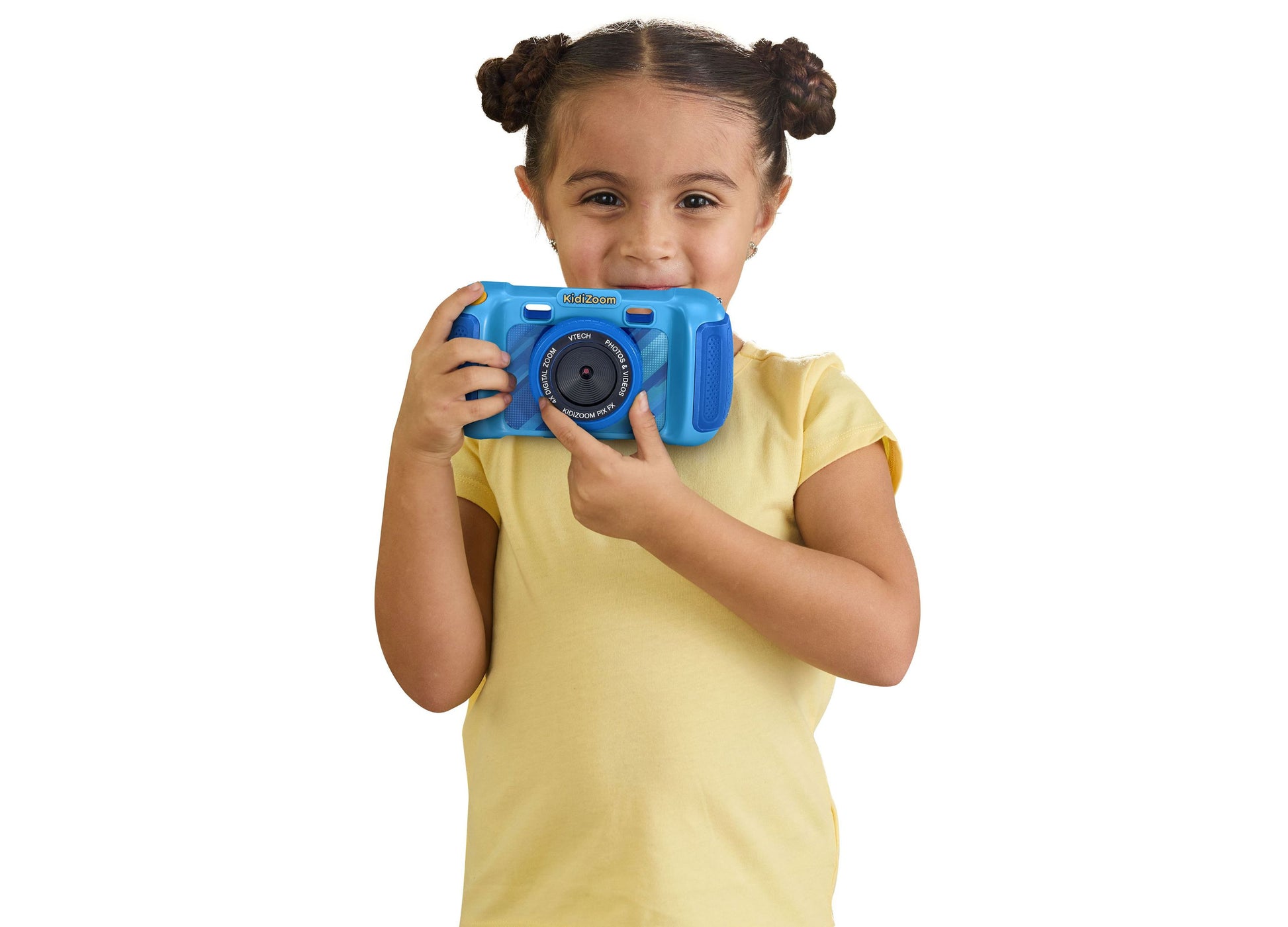 VTech KidiZoom blue digital camera with photo effects, held by young child in yellow shirt