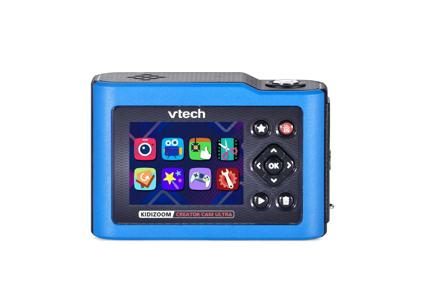 VTech KidiZoom Creator Cam Ultra blue digital camera with screen displaying apps