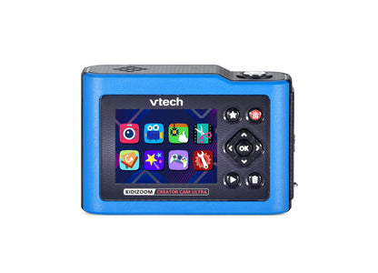 VTech KidiZoom Creator Cam Ultra blue digital camera with screen displaying apps