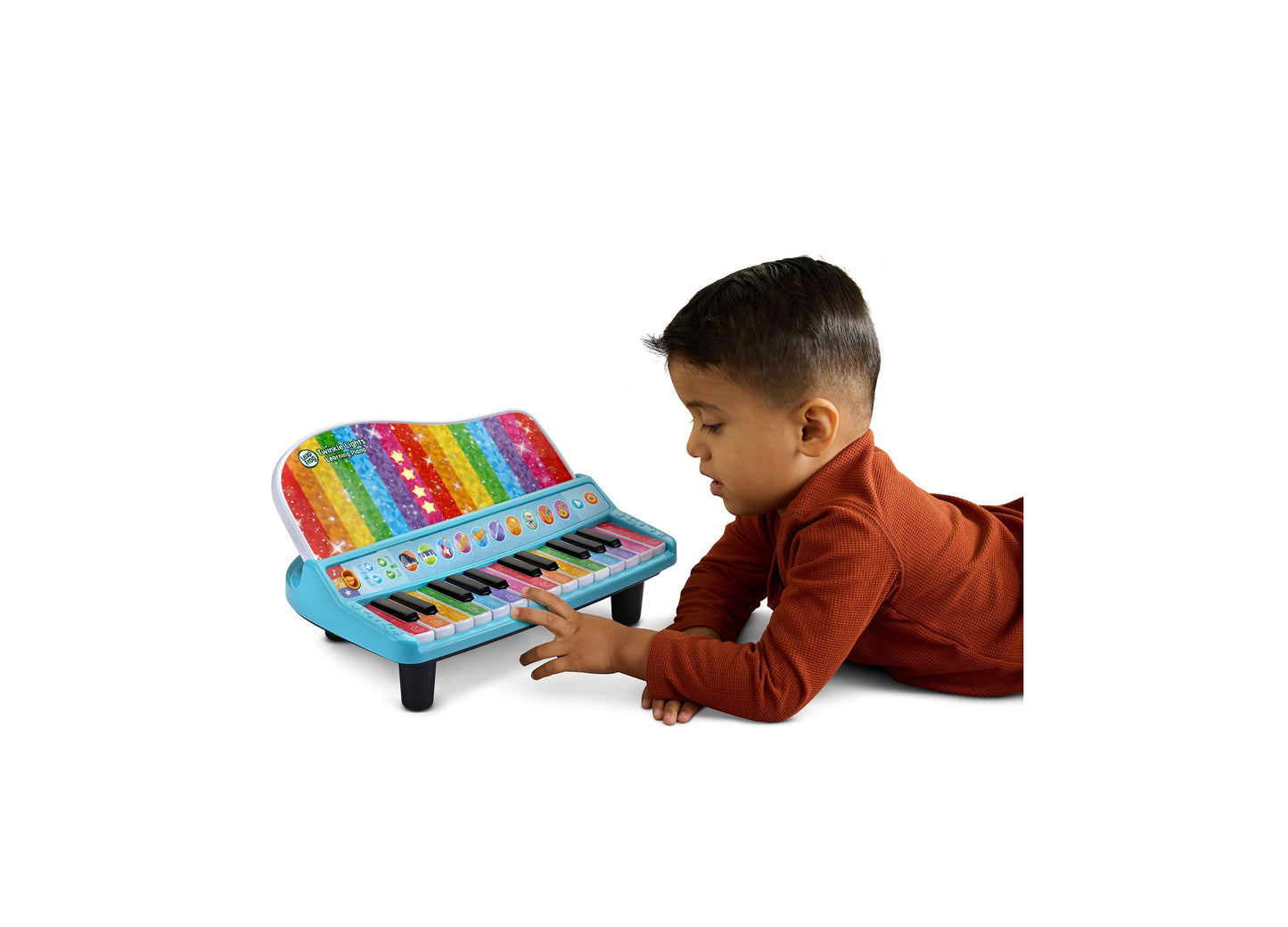 Leapfrog Twinkle Lights Learning Piano in turquoise with colorful rainbow keys, toddler playing