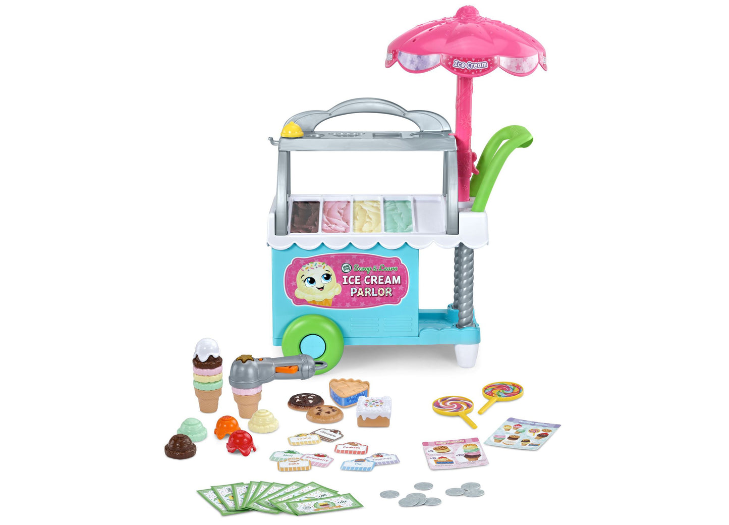 Leapfrog Scoop & Learn Ice Cream Cart with pink umbrella, blue base, colorful ice cream scoops, and 50+ accessories