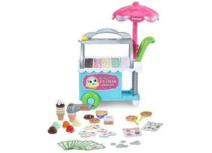 Leapfrog Scoop & Learn Ice Cream Cart with pink umbrella, blue base, colorful ice cream scoops, and 50+ accessories