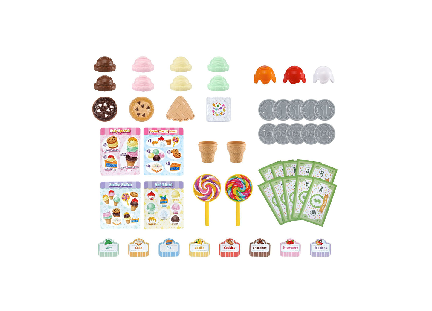 Leapfrog Scoop & Learn Ice Cream Cart 50+ piece set with colorful ice cream scoops, cones, coins, and flavor cards