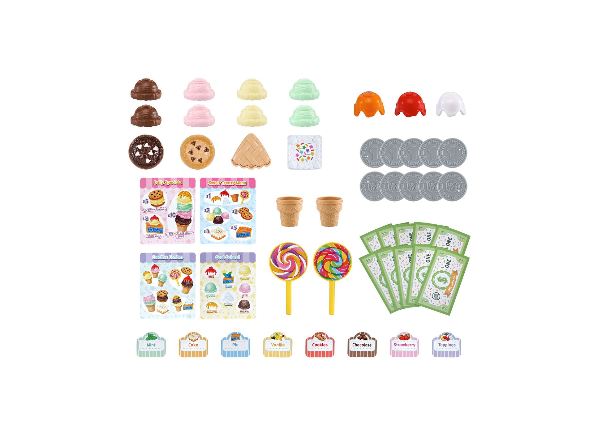Leapfrog Scoop & Learn Ice Cream Cart 50+ piece set with colorful ice cream scoops, cones, coins, and flavor cards