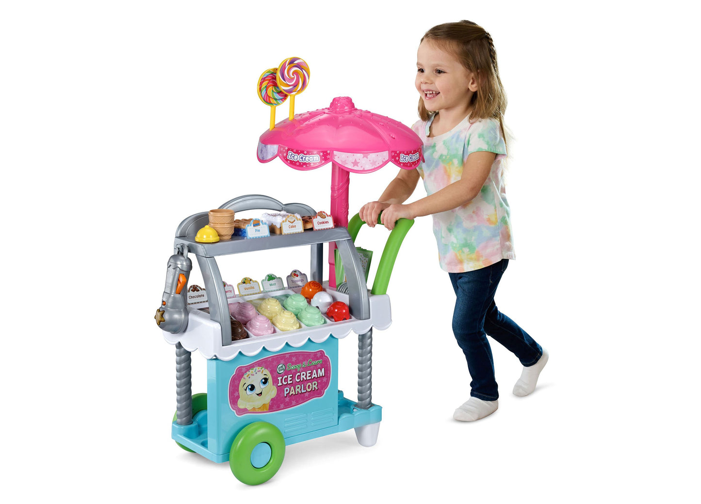 Leapfrog Scoop & Learn Ice Cream Cart with pink umbrella, colorful ice cream scoops, and accessories