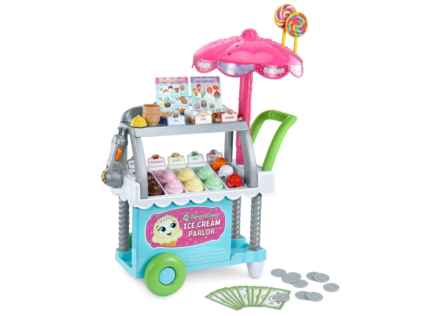 Leapfrog Scoop & Learn Ice Cream Cart with pink umbrella, colorful ice cream flavors, and play money accessories