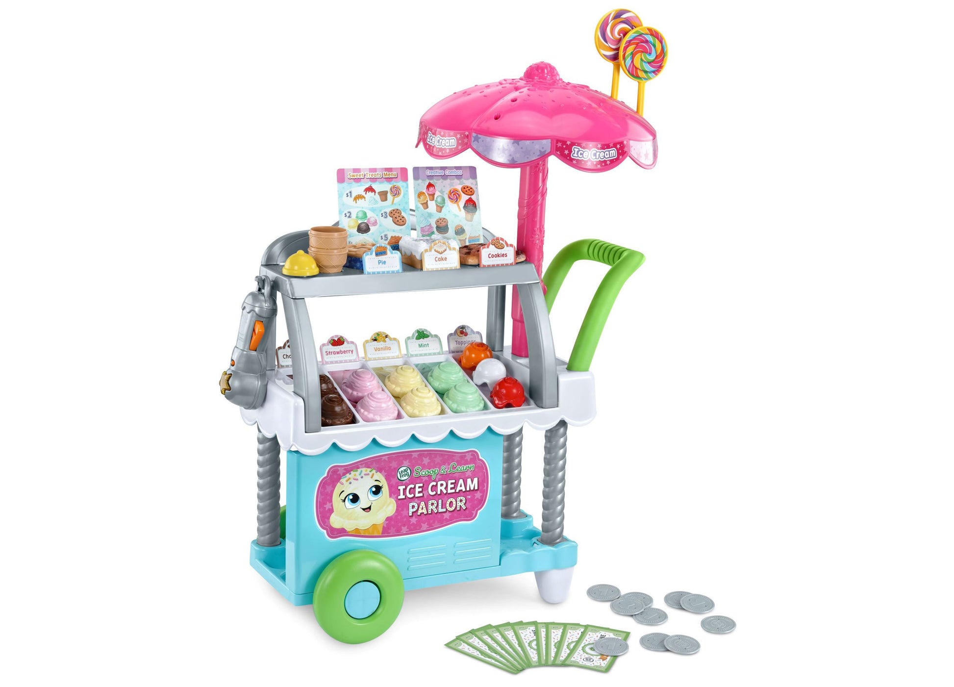 Leapfrog Scoop & Learn Ice Cream Cart with pink umbrella, colorful ice cream flavors, and play money accessories