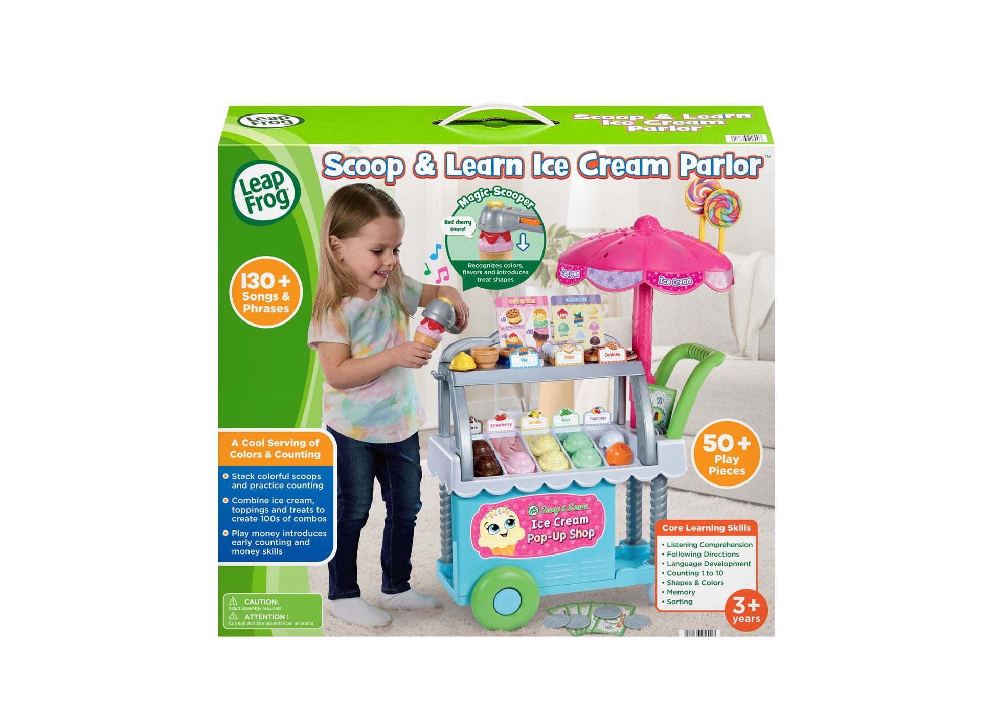LeapFrog Scoop & Learn Ice Cream Parlor playset with pink umbrella, blue cart, and 50+ colorful accessories for ages 3+