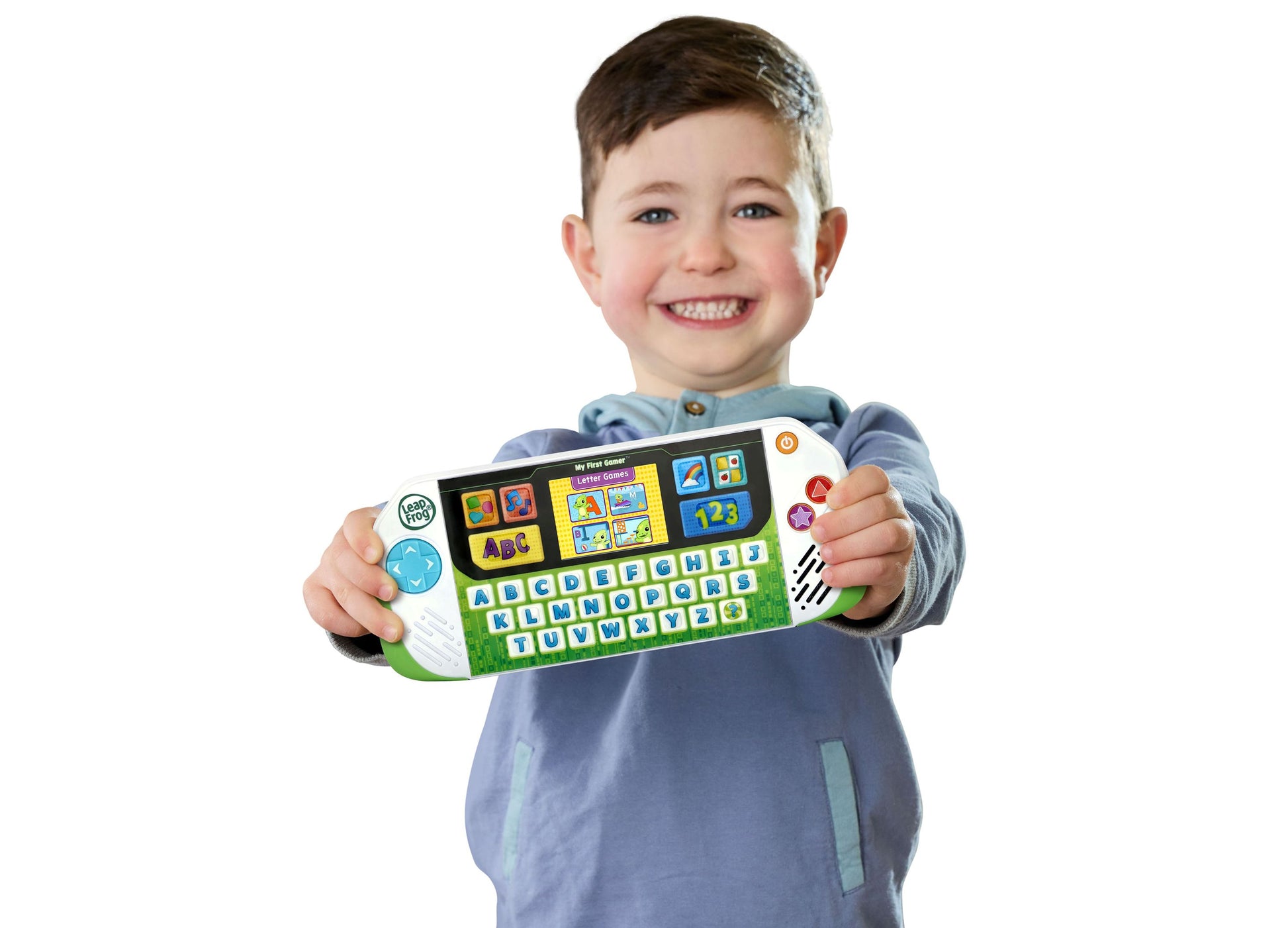 LeapFrog My First Gamer educational toy with ABC letters and numbers, held by smiling child