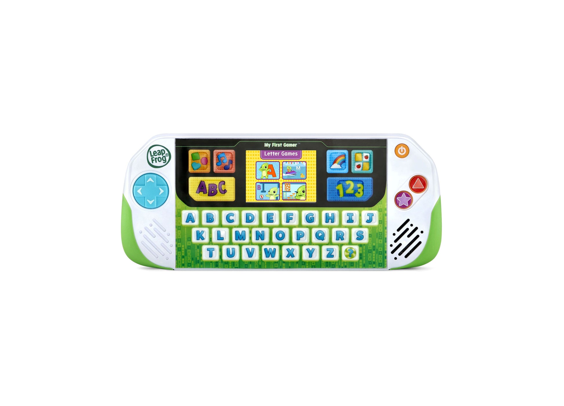 LeapFrog My First Gamer handheld learning device with green and white design, interactive screen, and alphabet keyboard