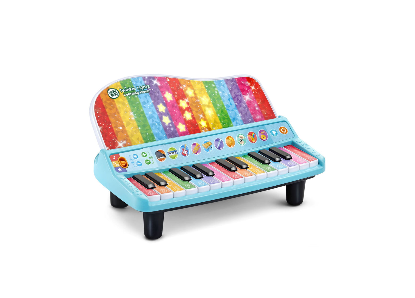 Leapfrog Twinkle Lights Learning Piano in light blue with rainbow-colored keys and illuminated display