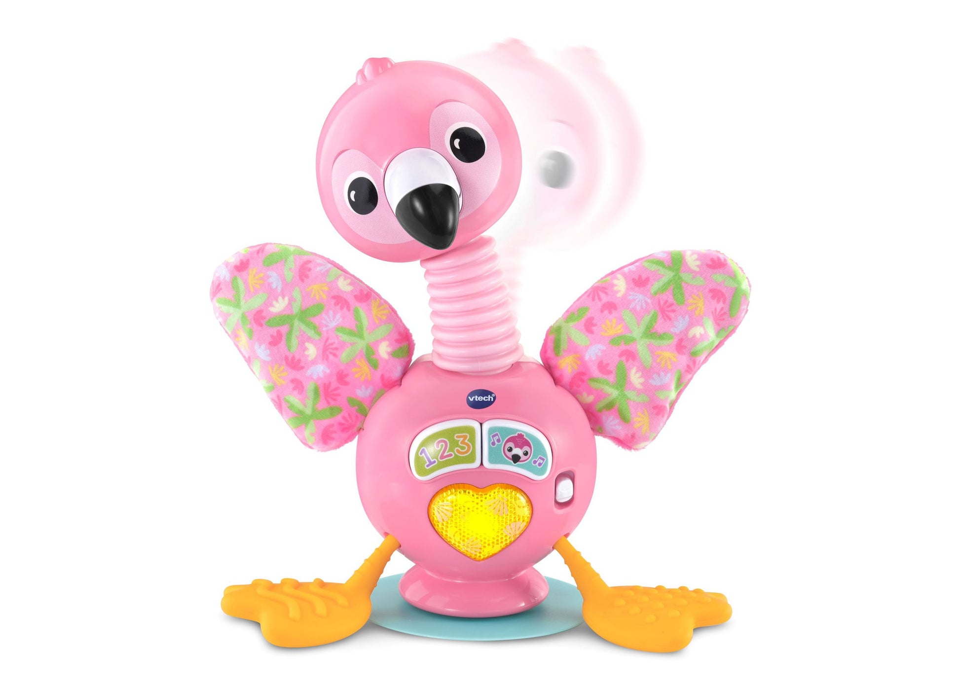 VTech Baby Bounce & Bobble Flamingo pink toy with colorful wings and interactive heart button