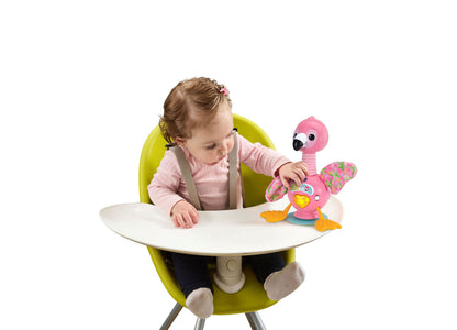 VTech Baby Bounce & Bobble Flamingo pink toy with colorful wings in yellow high chair