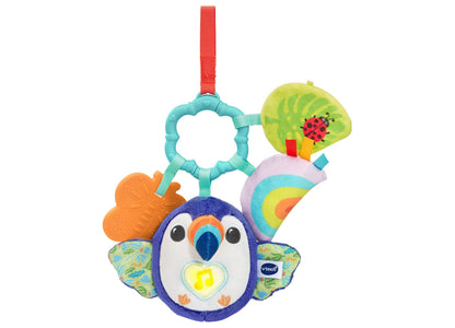 VTech Infant Take-Along Toucan plush toy with light-up teether, colorful attachments, and hanging loop