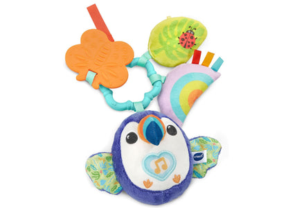VTech Infant Take-Along Toucan plush toy with light-up teether, colorful hanging attachments