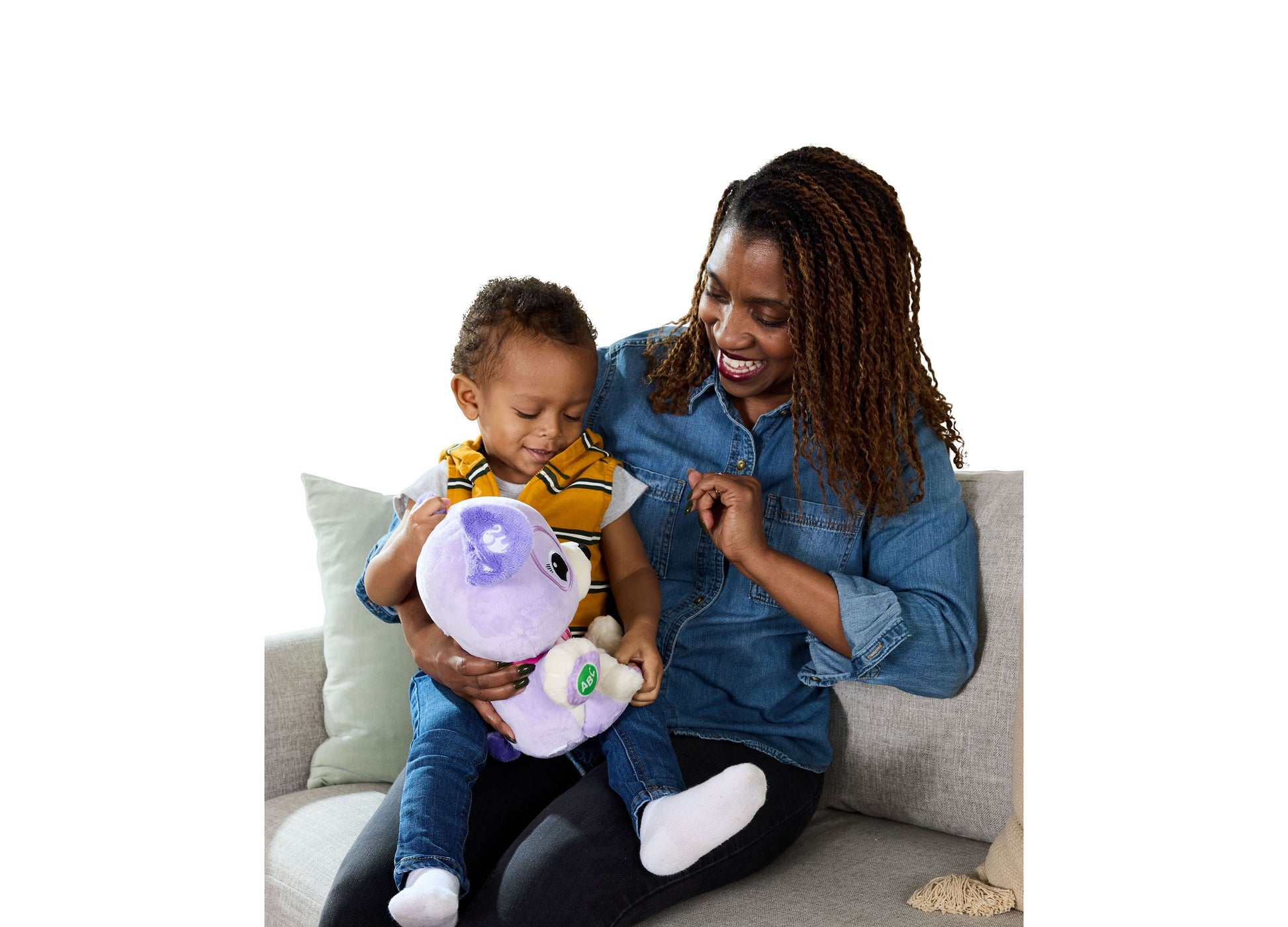 LeapFrog My Best Pal Violet purple plush toy with interactive features being played with by child and adult