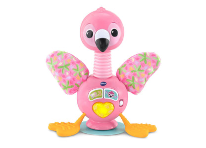 VTech Baby Bounce & Bobble Flamingo pink toy with floral wings, interactive buttons, and yellow heart light