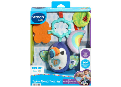 VTech Take-Along Toucan plush toy with teether, colorful hanging attachments, and light-up features for infants