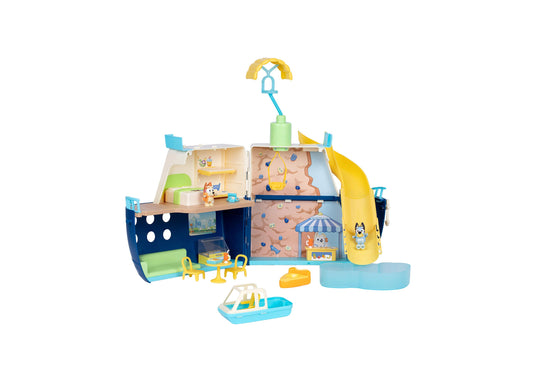 Bluey Cruise Ship playset with 6 play areas, yellow slide, climbing wall, kitchen, and accessories in blue, yellow, a...