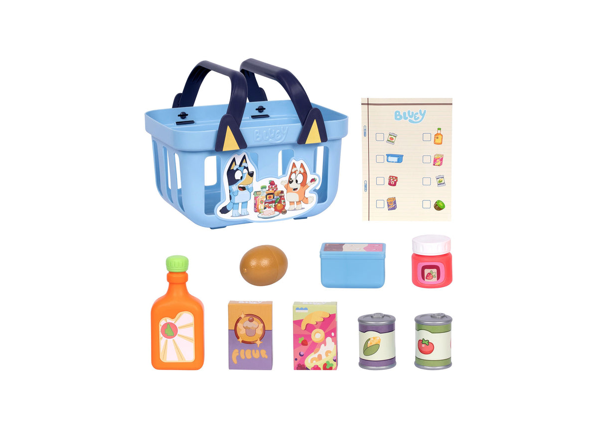 Bluey Shopping Basket playset with blue basket, character figures, and food accessories including juice bottle, bread...