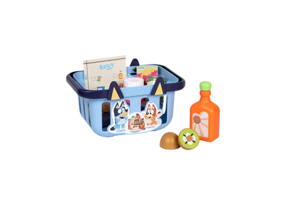 Bluey Shopping Basket playset with blue basket featuring Bluey characters, orange juice bottle, and food accessories