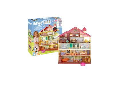 Bluey Lights & Sounds 36-Piece House Playset with multi-story pink and yellow house, featuring multiple rooms and Blu...