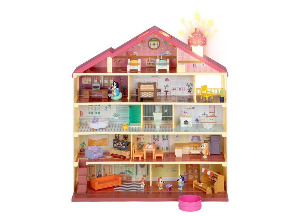 Bluey Lights & Sounds 36-Piece House Playset with pink roof, multiple rooms, and character figures