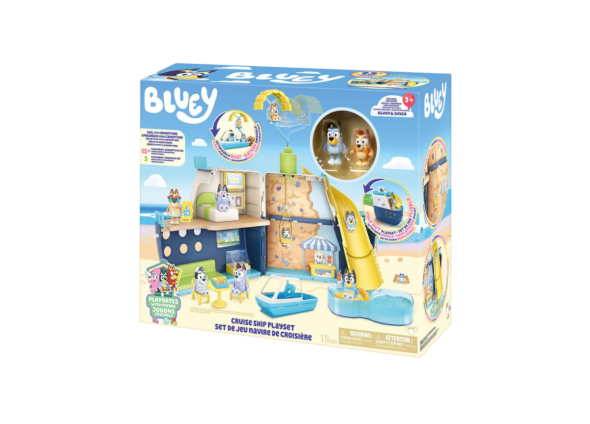 Bluey Cruise Ship Playset with 6 play areas, blue and tan ship structure, yellow slide, accessories, and two characte...