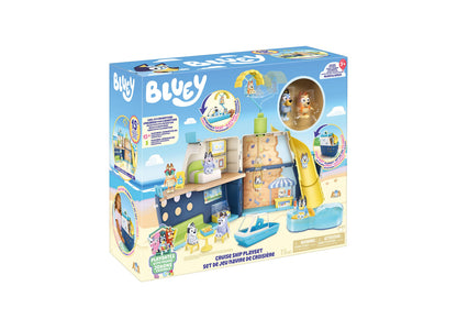 Bluey Cruise Ship Playset with 6 play areas, blue and tan ship structure, yellow slide, and character figures display...