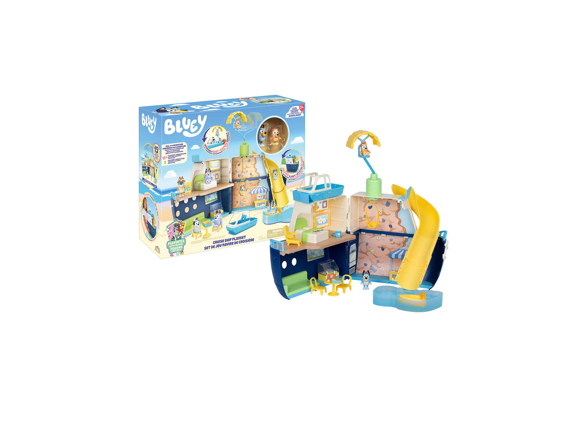 Bluey Cruise Ship playset with 6 play areas, yellow slide, and accessories in blue, yellow, and tan colors