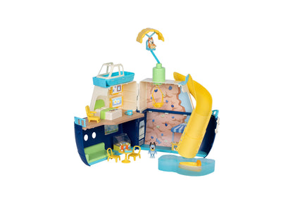 Bluey Cruise Ship playset with blue ship hull, yellow slide, rock climbing wall, and accessories including character ...