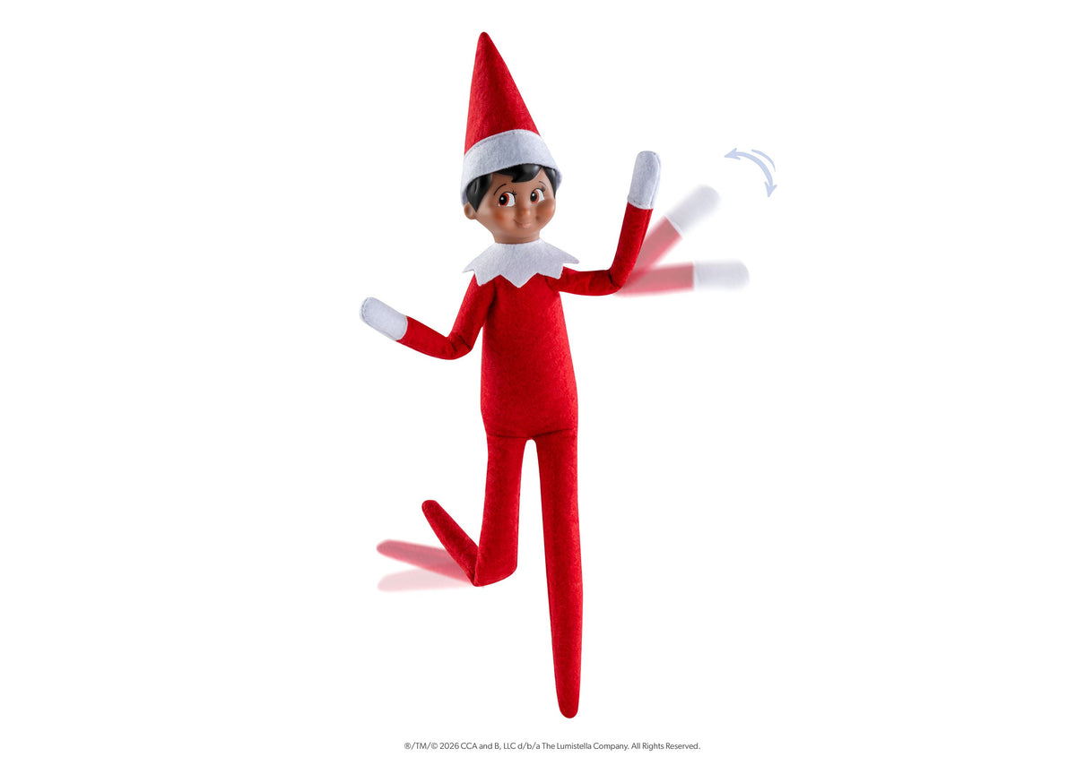 Elf on the Shelf Scout Elf Boy figure in red suit with white collar, poseable arms and legs, wearing red and white po...