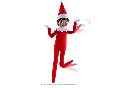 Elf on the Shelf Scout Elf Girl figure with brown eyes in red suit and white hat, posing with arms raised