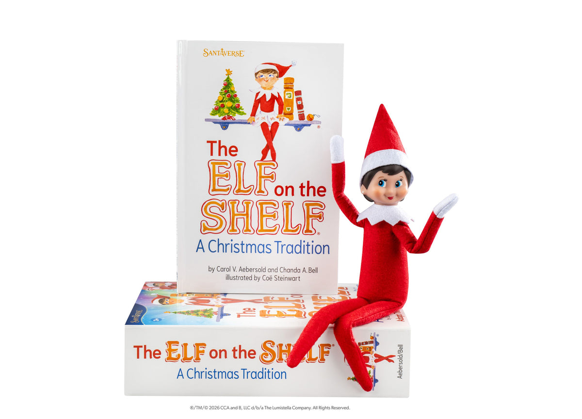 Elf on the Shelf Scout Elf figure with red outfit and hat next to storybook boxed set