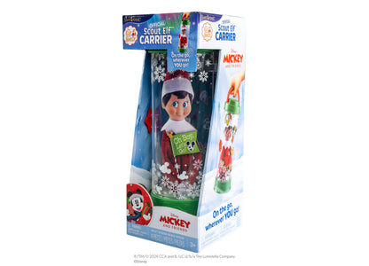 Official Scout Elf Carrier with Mickey Mouse design, featuring elf doll in green and red outfit with winter hat and M...