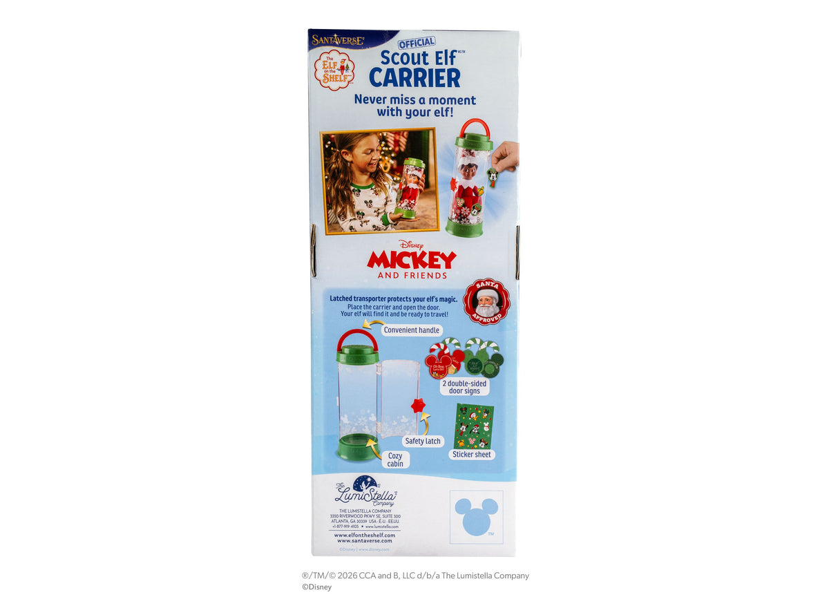 Official Scout Elf Carrier with Mickey and Friends design, featuring green and red cozy cabin carrier with handle and...