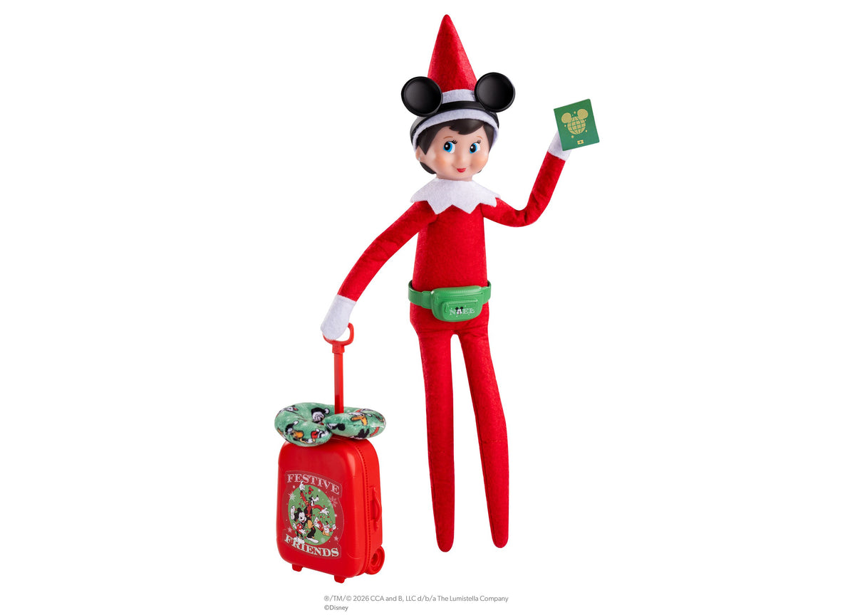 Elf on the Shelf Mickey & Friends 5-Piece Travel Set with red rolling suitcase, Mickey ears headband, neck pillow, be...