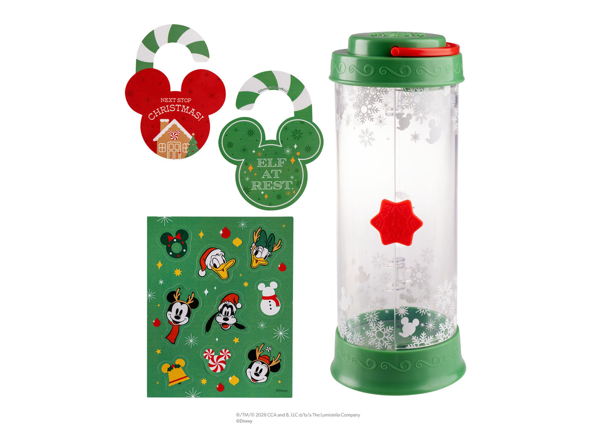 Elf on the Shelf Mickey & Friends 4-Piece Carrier Set with green cylindrical carrier, Mickey character stickers, and ...