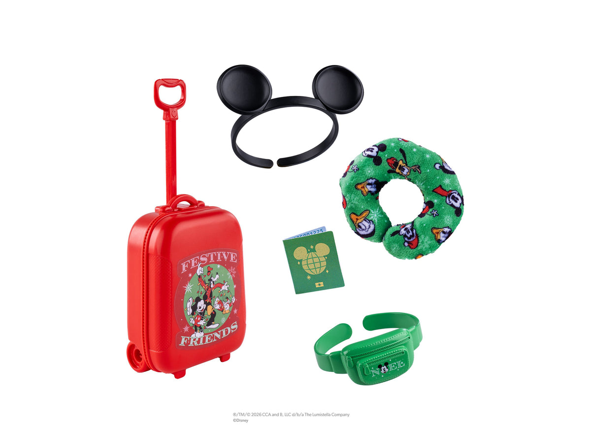 Elf on the Shelf Mickey & Friends 5-Piece Travel Set with red rolling suitcase, Mickey ears headband, green neck pill...