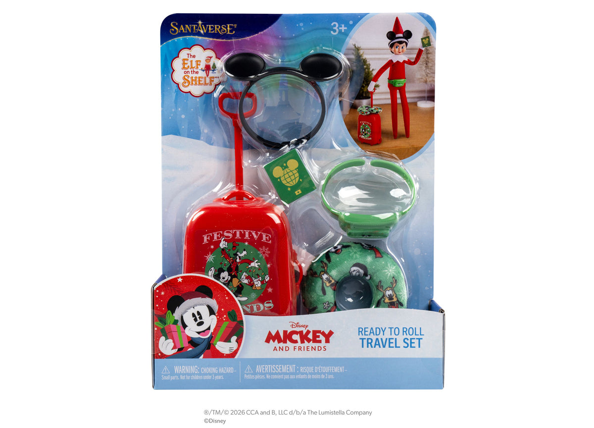 Elf on the Shelf Mickey & Friends 5-Piece Ready to Roll Travel Set with red suitcase, Mickey ears headband, green pil...